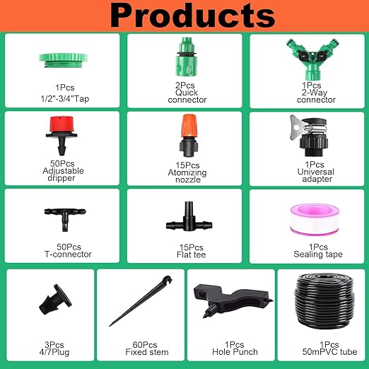 Drip Irrigation System Kit, 164Ft Automatic Quick Connector Adjustable Garden Watering System for Greenhouse, Yard, Lawn, Plant with Irrigation Tubing Hose and Accessories