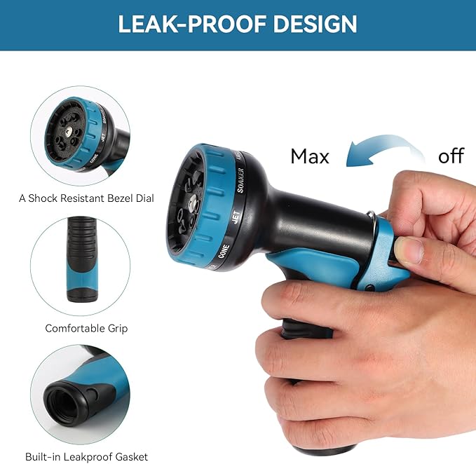 Garden Water Hose Nozzle ABS Water Spray Nozzle with 10 Spray Modes Suitable for Watering Plants, Iawns and Gardens, Car Washing, Cleaning, Showering Pets and Outdoor Fun, Blue