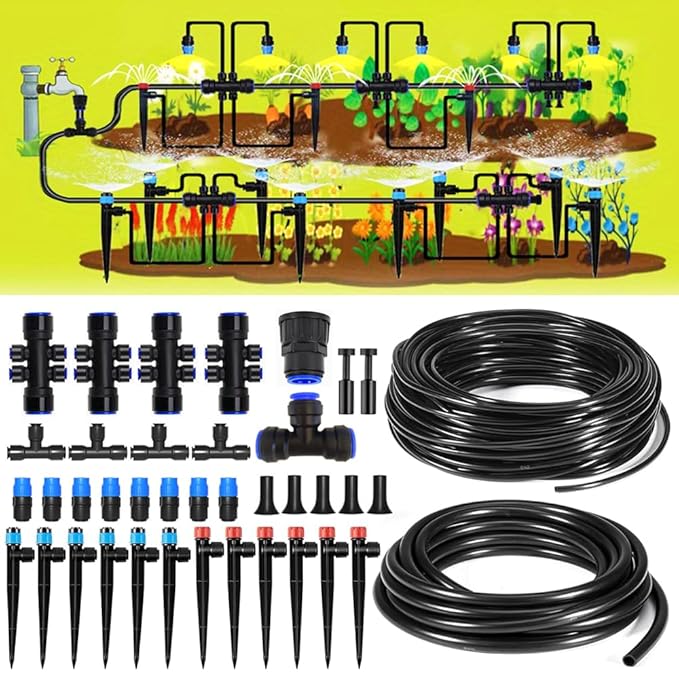 124.6FT Quick Connector Drip Irrigation System Kits Automatic Garden Watering Sprinkler with 1/2 &1/4 inch Tubing Hose Patio Misting Plant Irrigation Equipment for Indoor Greenhouse Flower Beds Lawn