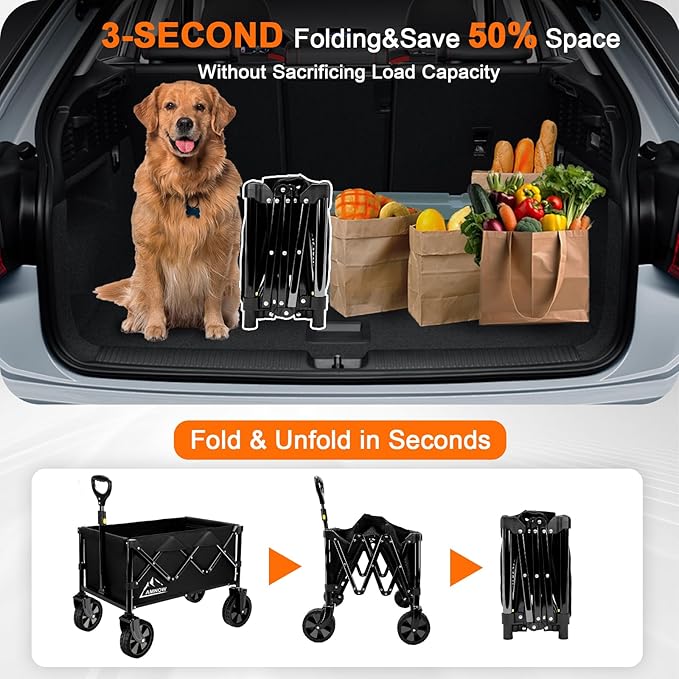 Collapsible Wagon Cart with Wheels Foldable, Folding Wagons Carts with Silent Universal Wheels, Large Grocery Cart On Wheels, Heavy Duty Utility for Shopping Beach Sports Fishing Camping, Black