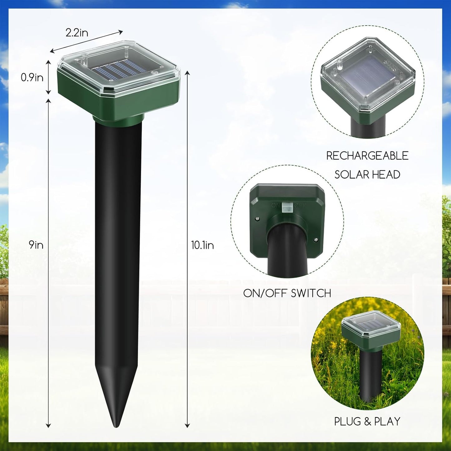 Mole Repellent Solar Powered, 8 Pack Gopher Repellent Ultrasonic Mole Stakes Spike Deterrent for Yard, Solar Rodent Repeller Outdoor,Get Rid of Vole Groundhog Chipmunk Snake Rodent Lawns Gardens Farms