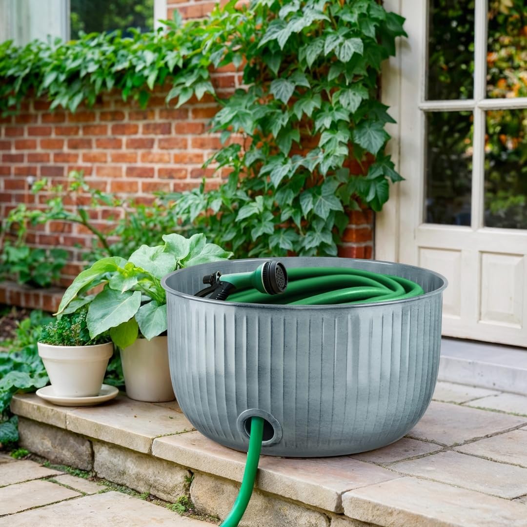 Monarch Abode Decorative Garden Hose Holder with Lid, Patina Storage for Outdoor Use, 100 ft Water Hose Pot for Outside, Ridge Embossed Metal Pot with Drainage, Garden Storage Organizer