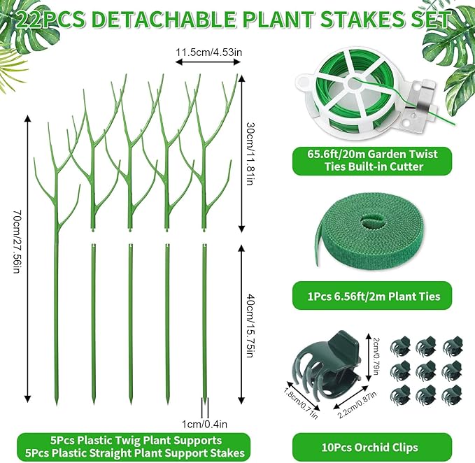 5 Pack 27.56" Detachable Twig Plant Support Stakes Set, Blends in to Plant, Branch Plant Sticks with Orchid Clips Twist Plant Ties, Twig Trellis for Indoor Outdoor Plants Potted Plants Flower