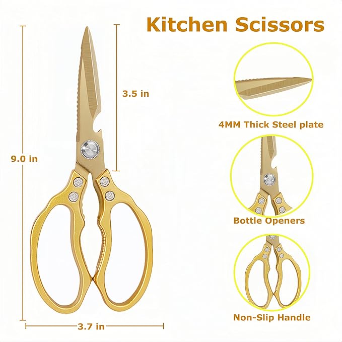 Japanese Gold Kitchen Scissors, Heavy Duty Stainless Steel, Multipurpose Cooking Shears, Dishwasher Safe