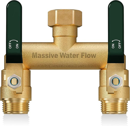 Hose Splitter 2 Way Heavy Duty, Full Flow Garden Hose Splitter with 2 Long Metal Handles, Brass Rust and Freeze Resistant Water Hose Bib Splitter, T Adapter Connector with 3/4 - Inch GHT Thread(Green)