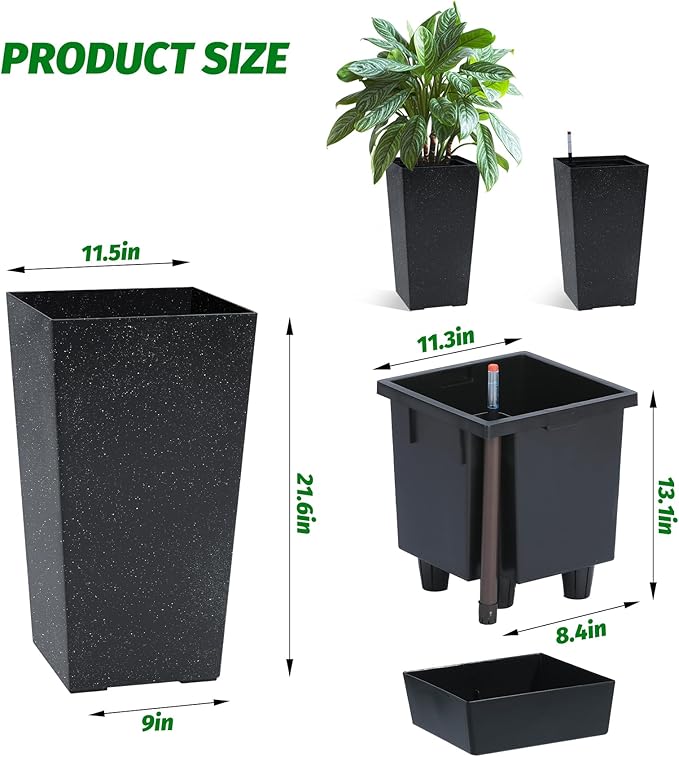 GarveeLife 22.5" Tall Planters Set of 2, Outdoor&Indoor Black Planter Pots, High Front Porch Planter Pots With Drainage Holes&Water Level Monitor&Inner Bucket, Automatic Watering, Black and White Dots