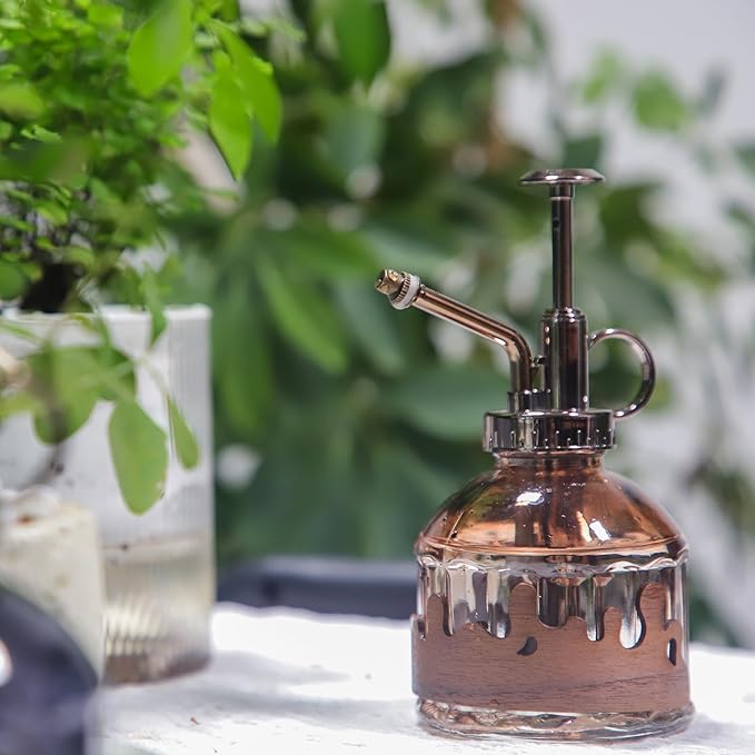 OFFIDIX Glass Plant Mister, 6.3 Inches Tall Vintage Style Spritzer Bronze Plastic Top Pump One Hand Watering Can Indoor Plant Spray Bottle for Garden, Plants, Cleaning (Morning Dew)