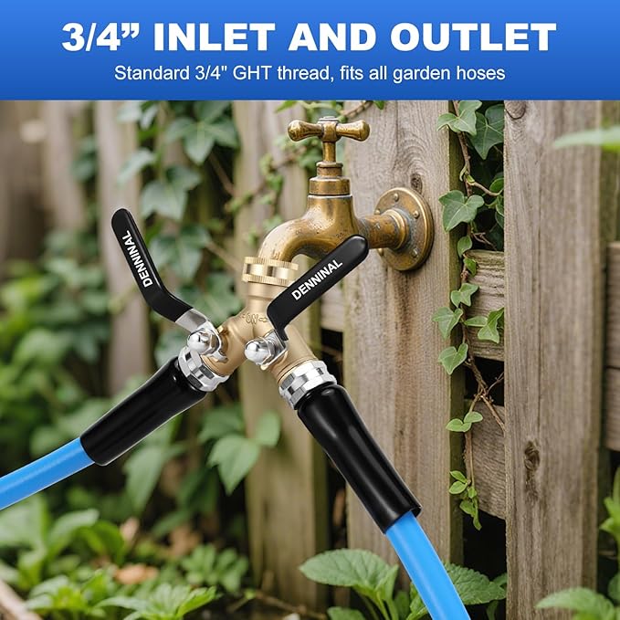 Garden Hose Splitter, Brass Hose Splitter 2 Way Heavy Duty, Leakproof Water Spigot Splitter with Stainless Steel Long Handle, Durable All-Metal Y Adapter with Shut-Off Valve, 3/4 GHT Splitter