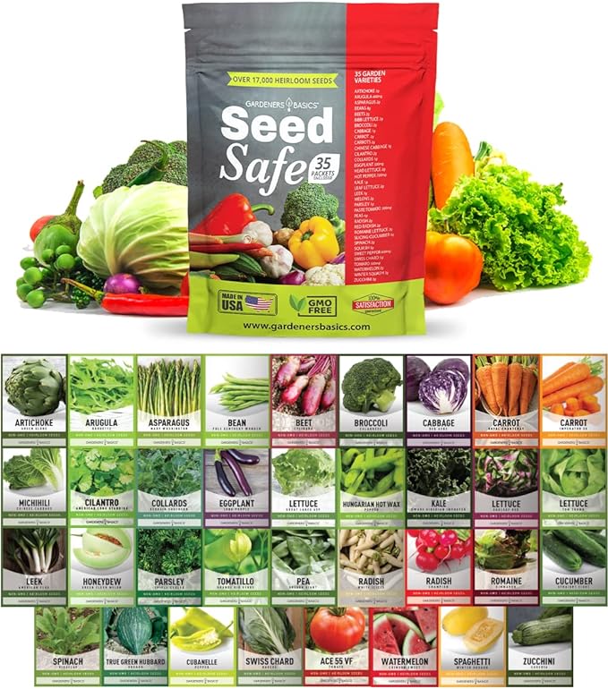 Gardeners Basics Seed Safe Kit โ 35 Easy-to-Grow Heirloom Vegetable Seeds for Beginners โ Non-GMO Garden Starter Set with 17,000+ Seeds โ Perfect Gardening Gift for New Gardeners or Families
