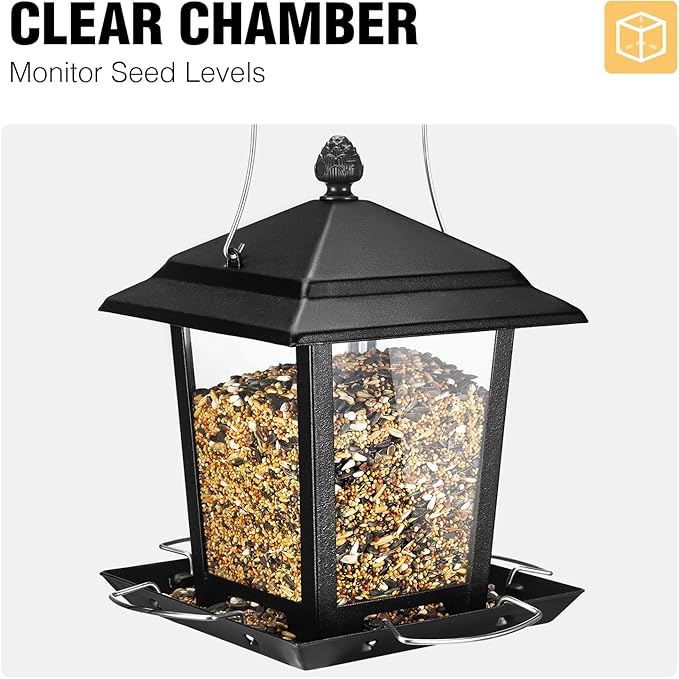 Veehoo Metal Bird Feeder for Outdoor Hanging-Wild Bird Feeder with 4 Perches, Guard Booth Bird Seed Feeder for Outside Garden Backyard Attracting Wild Birds Chickadees Cardinals Finches Black