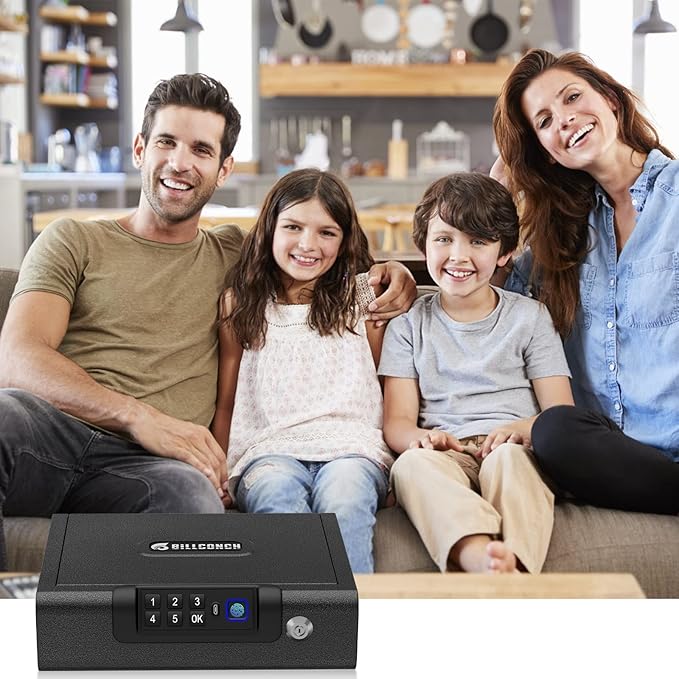 Biometric Gun Safe for Pistols 3-Ways unlock Fingerprint Digital PIN Key Unlock Handgun Safe with Sound, Lock box for Cloakroom living room Bedroom Nightstand and Car BILLCONCH