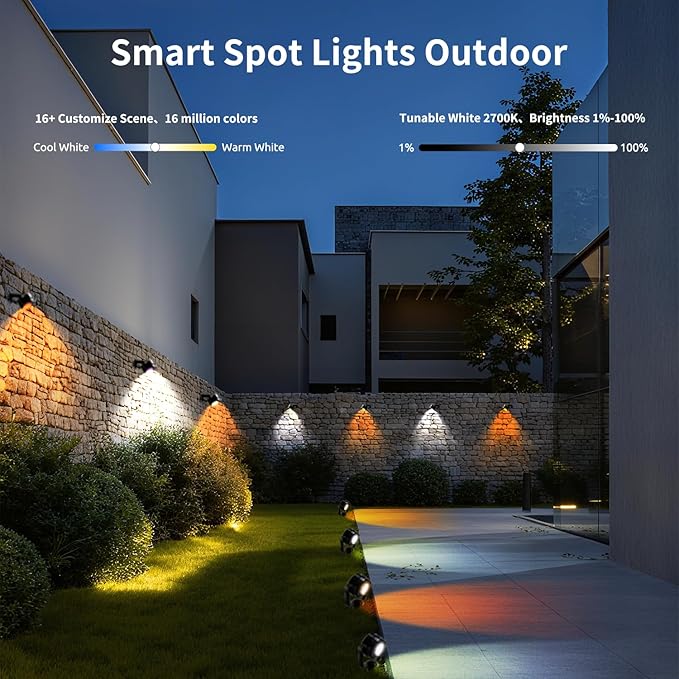 Smart RGBW Spot Lights Outdoor, 8 Pack Low Voltage Landscape Lighting with APP & Remote control, Waterproof and Timing, Color Changing Outdoor Spot Lights for Yard Christmas Halloween Spotlights