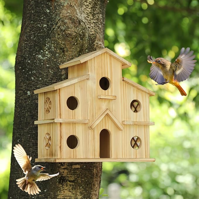 Bird Houses for Outside,Outdoor 6 Hole Bird House -Hummingbird House-Large Bird House for Outside-Birdhouse kit (Wood, Set-1)
