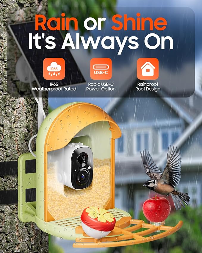 Camii Bird Feeder with Camera, Smart Birdfeeder with AI Identify Birds Species, 2K HD, Solar Powered, Night Vision, Real-Time Alert, IP66 Waterproof for Backyard Bird Watching Enthusiasts (Green)