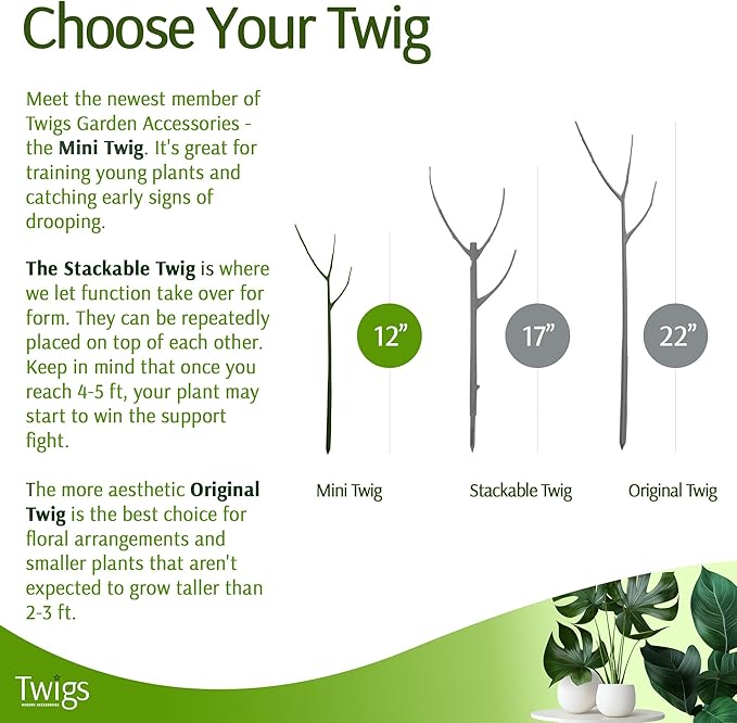 Twigs - Monstera Plant Support Stakes for Indoor & Outdoor Plants, Gardening Supplies, Garden Accessories, Trellis, Moss Pole, & Ring Alternative - Monstera (Dark Green), 10 Pack, 12" L, Mini Twigs