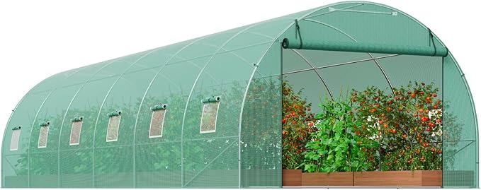 VEVOR Walk-in Tunnel Greenhouse, 29.2x9.7x6.5 ft Hoop House Greenhouse Tunnel, Plant Hot House with Galvanized Steel Frame, Green PE Cover, Roll-up Zipper Door and 12 Windows for Outdoor