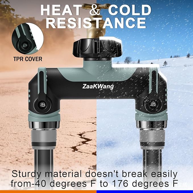 Full Flow Heavy Duty Two - Way Hose Splitter, Rugged Garden Faucet Adapter, Spout Diverter T - Way Adapter with Extended Handle, 3/4” GHT Thread, Grey