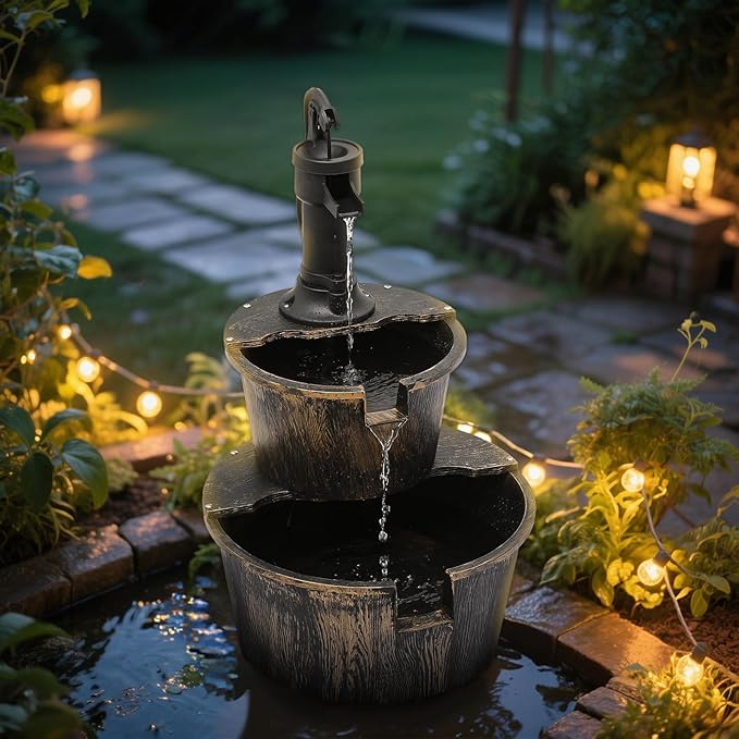 Magshion Barrel and Pump Water Fountain, Freestanding Outdoor Waterfall Fountain with Electric Recirculating Pump, 2-Tier Water Feature Decor for Garden, Patio, Backyard, or Porch, Bronze