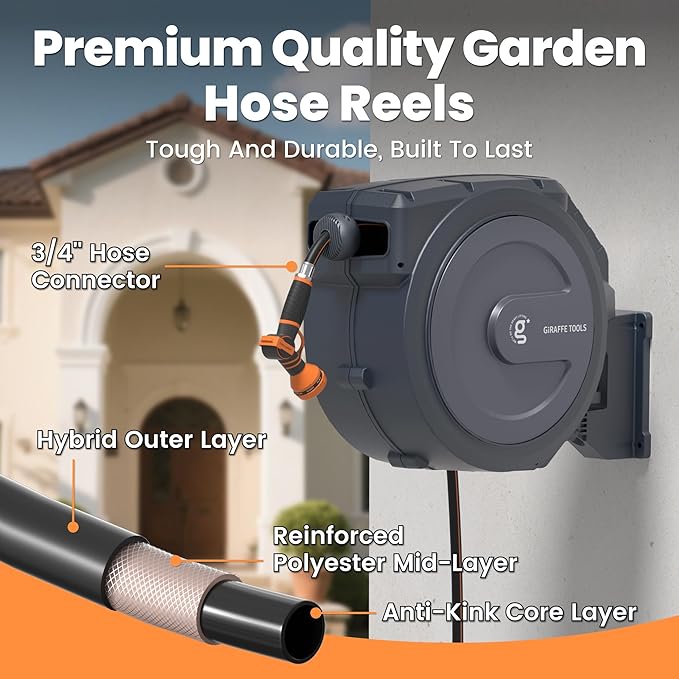 Giraffe Tools AW30 Retractable Garden Hose Reel 5/8inch x 62ft Hose Reels for Outside, with 9- Function Sprayer Nozzle, Any Length Lock/Slow Return System/Wall Mounted/180°Swivel Bracket