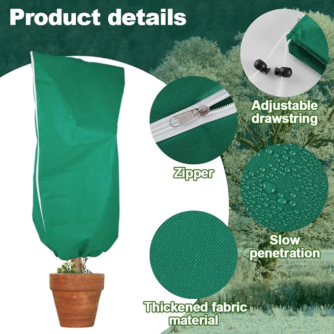 2 Pack Winter Plant Covers with Zipper & Drawstring, 31.5"×47.2" Frost Protection Bags for Outdoor Potted Plants, Trees & Shrubs - Reusable Freeze Protection Jackets