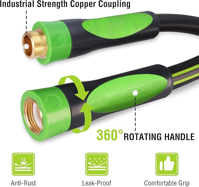WORKPRO Hybrid Garden Hose 5/8 in.x 100ft, Water Hose Heavy Duty, Flexible, Lightweight Hybrid Rubber Hose with Rotary Handle, 3/4" Solid Brass Fittings, Outdoor Watering Hose for Lawn, Garden & Yard