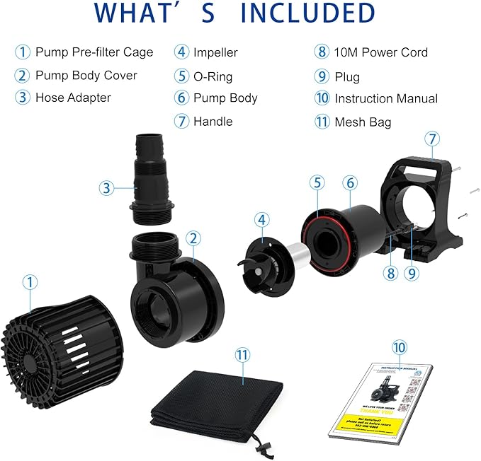 OYO WATER Outdoor Extra Large 11800gph-850W 32.8FT Pond Water-fall & Kio Fish Fountain-s& Garden Pump Submersible IPX8: Long 32.8FT Cord Smart-er&Quieter Duck&Yard&Patio Ponds Pumps,1 Barrier Pump Bag