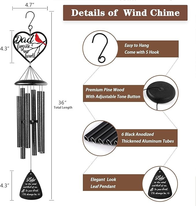 Sympathy Gifts for Loss of Dad, Memorial Wind Chimes for Loss of Father, Memorial Gifts for Loss of Father, Condolence Bereavement Gift in Memory of Papa, Black