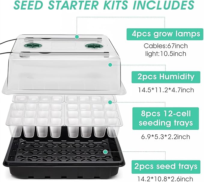 Seed Starter Tray with Grow Light, 96-Cell Seed Starter Kit, Seedling Starter Trays with Humidity Domes, Automatic Timer, Adjustable Light Indoor Gardening Plant Germination Trays