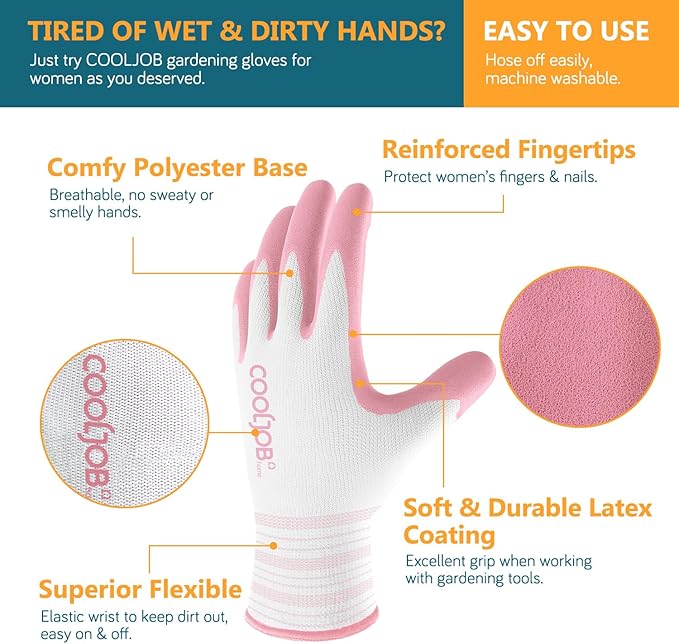 COOLJOB 2 Pairs Gardening Gloves for Women Ladies, Breathable Rubber Coated for Yard Garden, Outdoor Indoor Protective Work with Grip, Medium Size, Blue & Pink