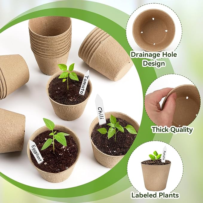 Augshy 3.15 Inch Peat Pots, 80 Pack Seed Starter Nursery Pots Round Plant Seedling with Drainage Holes for Garden Nursery Kits Seedlings Seed Starting Tray with 80 Plant Labels