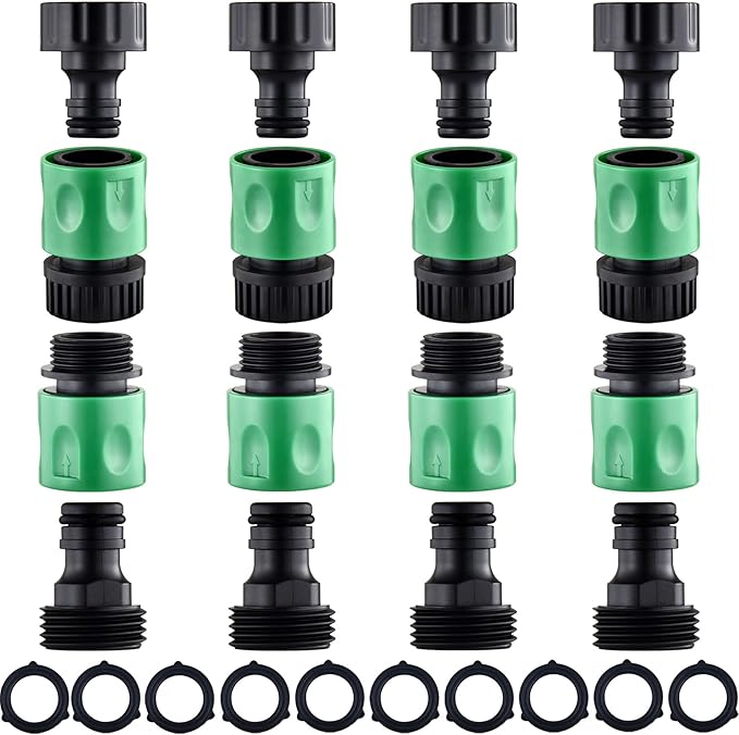 16 Pieces Garden Hose Quick Connect Fittings 3/4 Inch Plastic Water Hose Quick Connect Male and Female Water Hose End Adapters with 10 Pieces Rubber Washer(Green)