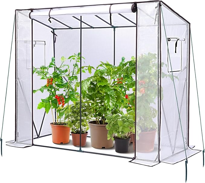 Ohuhu Tomato Greenhouse for Outdoors: Portable Lean to Green House Heavy Duty with Roll-Up Zippered Door, Tall Plastic Greenhouses for Outside Plants Growing Shed Tent for Backyard, 6.6x2.5x5.6 FT