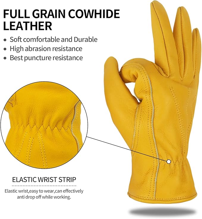 Leather Work Gloves for Men & Women, Reinforced Durable Gardening Gloves,Cowhide Work Gloves,Puncture & Cut Resistant