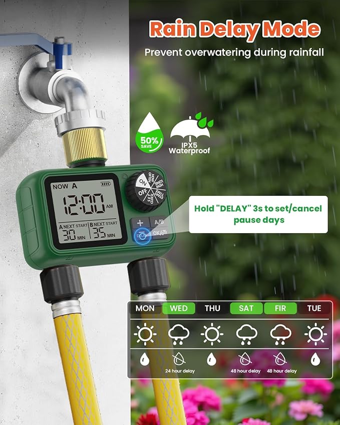 2 Outlet Sprinkler Timer Brass, XinFuture Programmable Water Sprinkler Controller for Yard, Lawn & Greenhouse, Automatic/Manual/Rain Delay Mode, Compatible with Drip Irrigation Systems