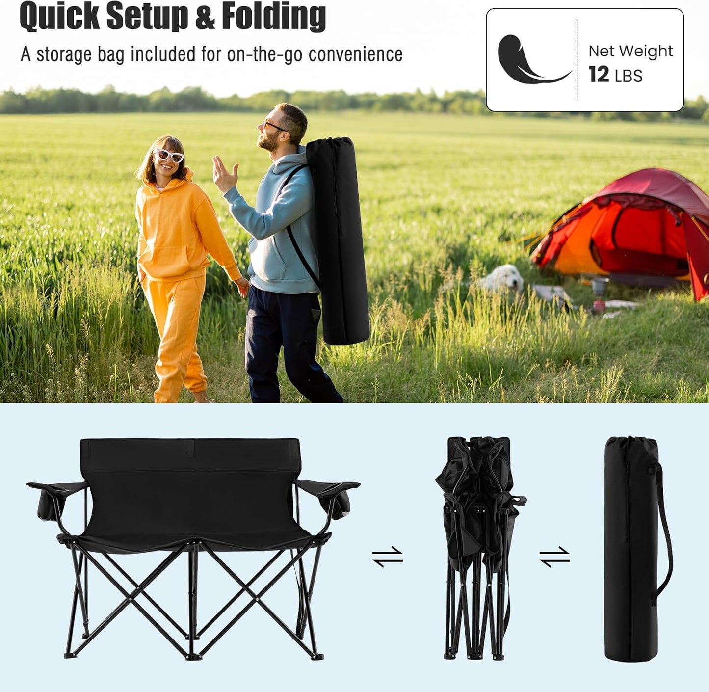 Goplus Double Camping Chair, Oversized Heavy Duty Camping Loveseat for Adults, Portable Folding 2 Person Camping Chair with Cup Holder for Outdoor Lawn Beach Backyard