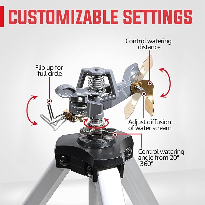 YAMATIC 2 Pcs Impact Sprinkler on Adjustable Tripod Base, 360 Degree Large Area, Heavy Duty Adjustable Pulsator Sprinkler for Lawn, Yard and Grass Irrigation, Spray up to 20-90ft