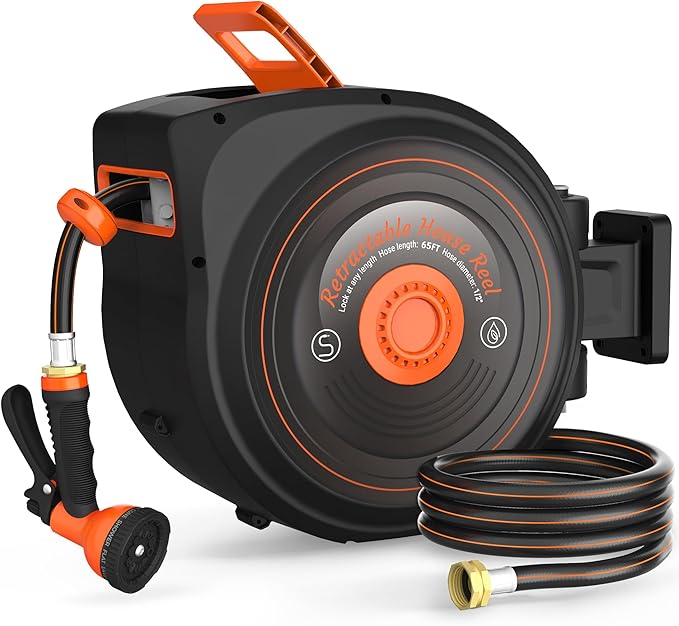 Retractable Garden Hose Reel 1/2 in x 65 ft, Auto-Rewind & Any Length Lock, 180° Swivel Heavy Duty Hose Reel Wall Mount for Outside, 10 Spray Patterns, UV-Resistant