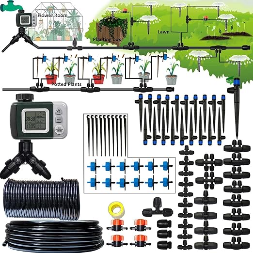 Drip Irrigation System with Water Timer 162ft Drip Irrigation Kit 5/16โID and 1/4 Inch Pipe Auto Watering System for Garden Adjustable Spray, for Greenhouse, Garden, Lawn, Potted Plants Black