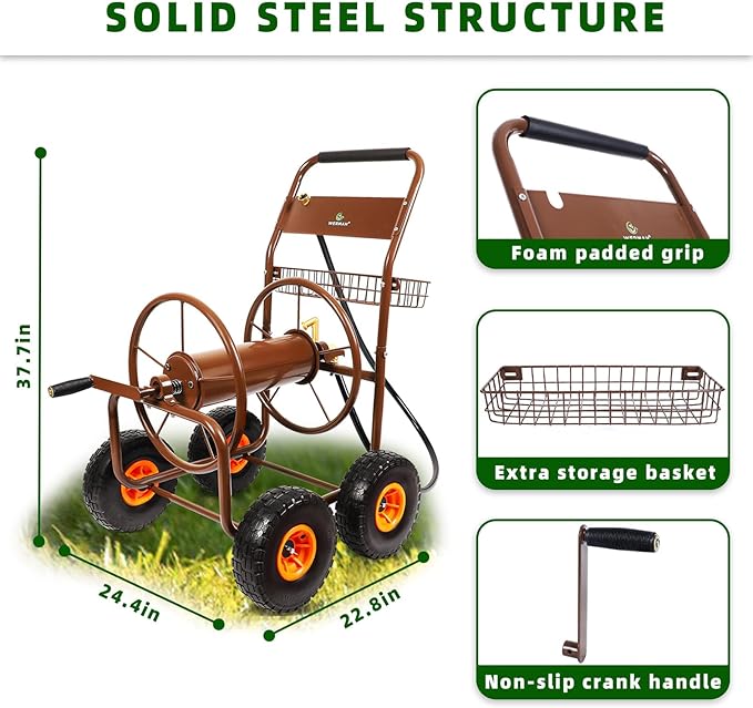 2025 Upgrade Hose Reel Cart, Garden Hose Cart with 4 Wheels, Heavy Duty Freestanding Water Hose Reels for Outside, Hold Up to 300 ft of 5/8'' for Garden Lawn Yard Outdoor