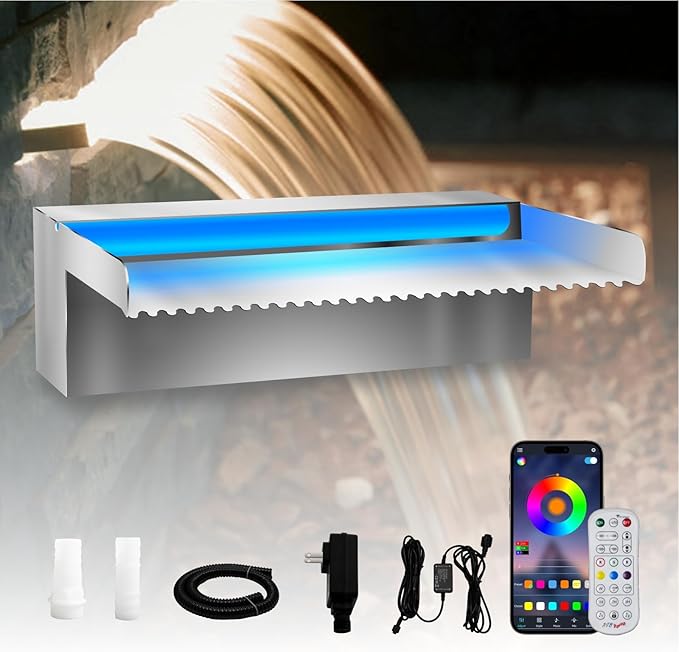 Pool Waterfall Spillway Stainless Steel Koi Pond Fountain, APP Control LED Lighted Waterfalls Kit, Outdoor Water Flow Fountains for Garden Swimming Pool Decoration-11.8"x7.8"x3.9"