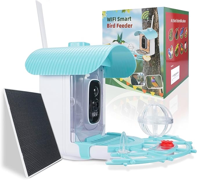 Bird Feeder with Camera, Smart Bird Cam with AI Identify BirdSpecies, Auto Record BirdVideo, Instant Notifications, 2K Video Live Stream Camera with Solar Panel for Birds Lover (Blue)