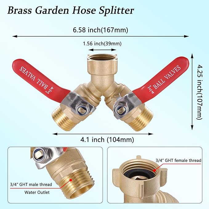 Garden Hose Splitter Full Flow, Brass Hose Splitter 2 Way Heavy Duty, Garden Hose Y Valve Hose Splitter with Shut off Valve, Outdoor Faucet Splitter Hose Connector, 3/4" GHT Threads