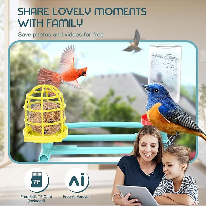 Bird Feeder with Camera-2K HD & Full Color Night Vision, Free AI Forever for 1,1000+ Species Identification, Solar Powered Wireless Outdoor, Includes 64GB TF Card, Two-Way Audio, App Alerts