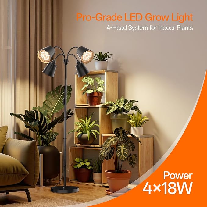 Bstrip Grow Lights for Indoor Plants, 4 Head Floor Grow Light Stand with Flexible Gooseneck, 3800K Full Spectrum Non-Dimmable Light for Plants Growing, 59" Tall Standing Grow Light with Smart Timer