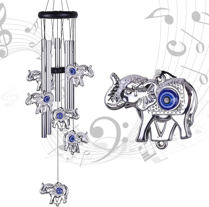 Blue Evil Eye Elephant Wind Chimes Outdoor Decor, Mobile Evil Eye Windcatcher, Evil Eye Elephant Wind Bells, Blue Evil Eye Amulet Wind Chimes for Home, Gift for Mom, Balcony, Patio, Garden Decoration