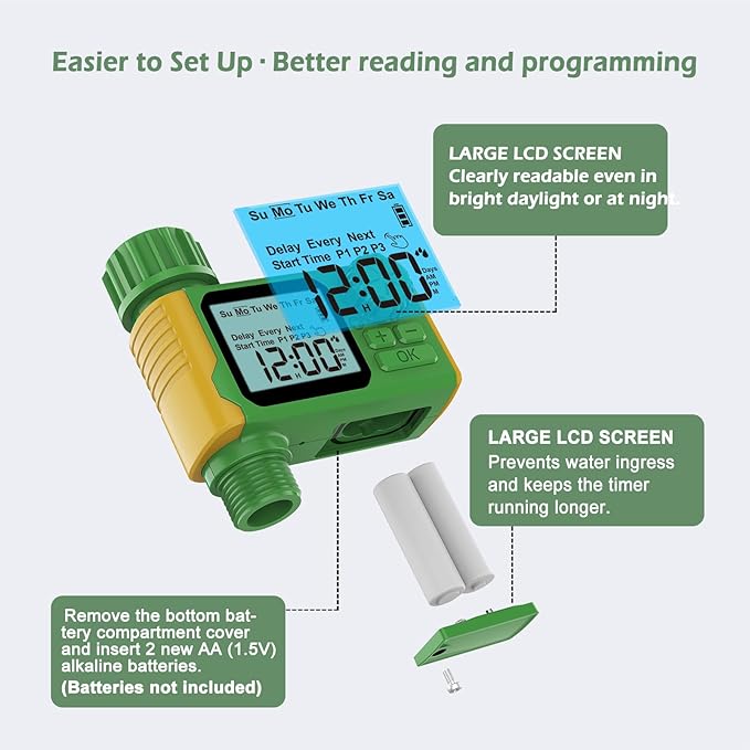 Programmable Sprinkler Timer, Irrigation Water Timer with Digital for Garden Soaker Hose, Rain Delay/Manual/Automatic Watering System for Outdoor, Yard, Lawn, 1 Outlet Green/Yellow