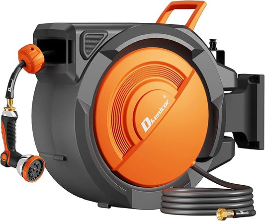 5/8" x 75 ft Retractable Hose Reel, Heavy Duty Retractable Garden Hose Reel Wall Mounted with 10-Pattern Hose Nozzle/Any Length Lock/Slow Return System/180°Swivel Bracket,Orange