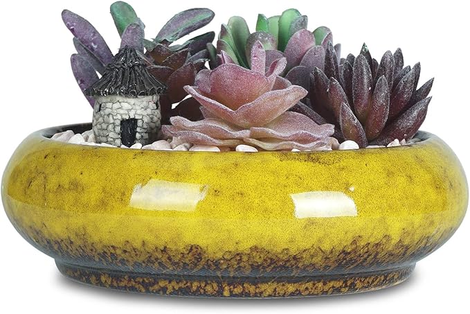 ARTKETTY Succulent Pots - 7.3 Inch Large Succulent Planters with Drainage Ceramic Bonsai Pots with Bamboo Tray, Shallow Planters for Indoor Cactus Plants Decorative Flower Plant Container