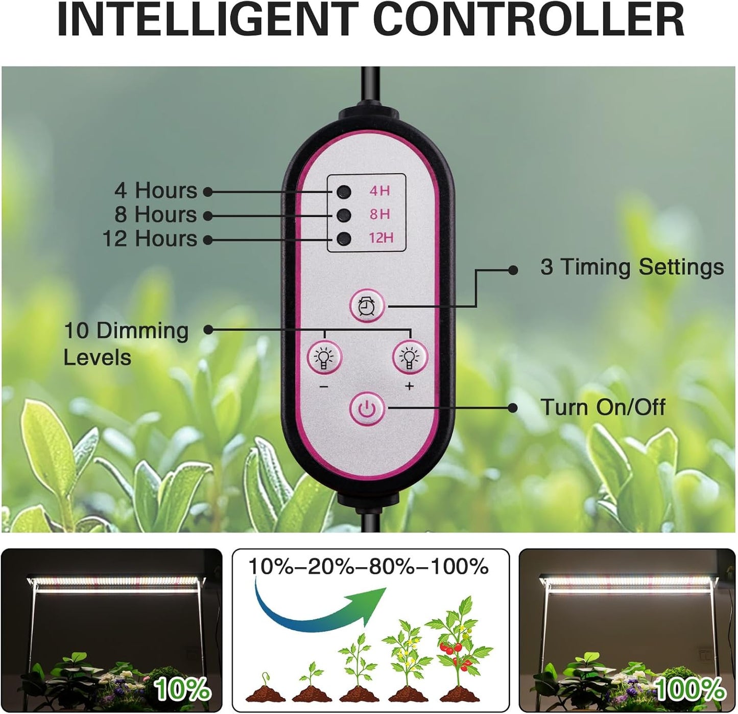 LED Grow Lights for Seed Starting with Stand, 2ft 60W Full Spectrum Seedling Lights Grow Lights for Indoor Plants, 4/8/12H Timer and 10 Dimming Levels, Height Adjustable and Energy Efficient