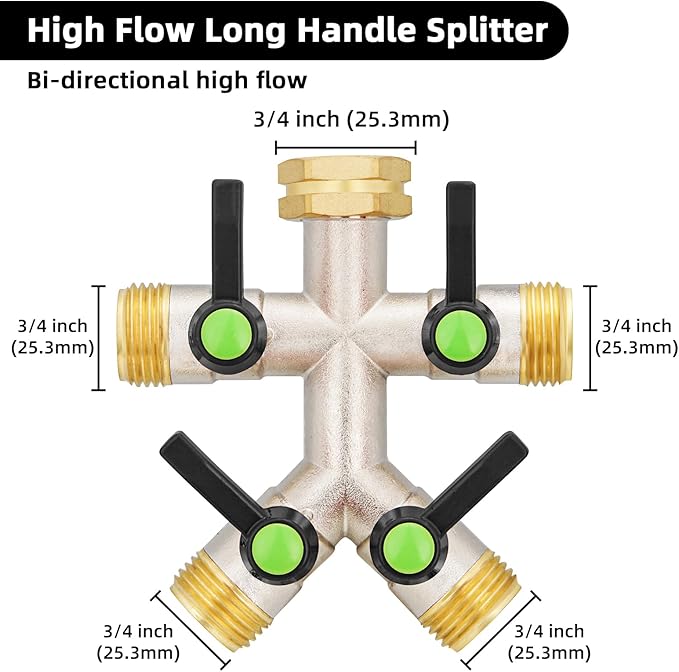 EJW 4 Way Hose Splitter, Heavy Duty Brass Garden Hose Splitter, outdoor faucet Divider 3/4" GHT Thread, Water Hose Splitters,Garden High Flow Hose Splitter,Garden Hose Adapter Connector.